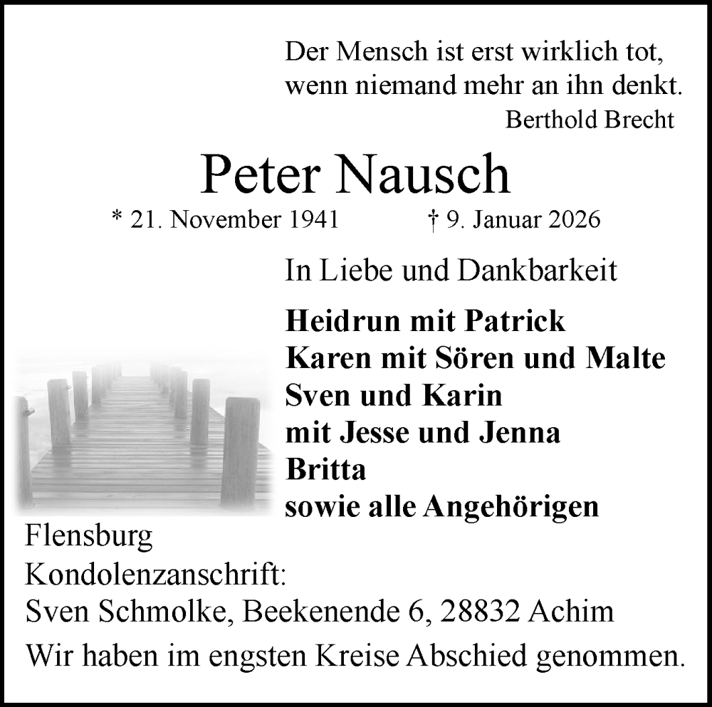 Traueranzeige für Peter Nausch vom 31.01.2026 aus Flensburger Tageblatt