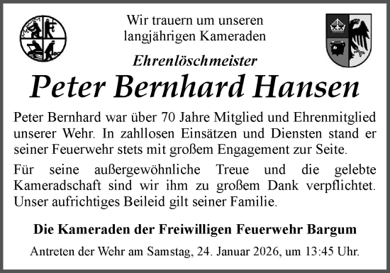 Traueranzeige von Peter Bernhard Hansen von Husumer Nachrichten, Nordfriesland Tageblatt
