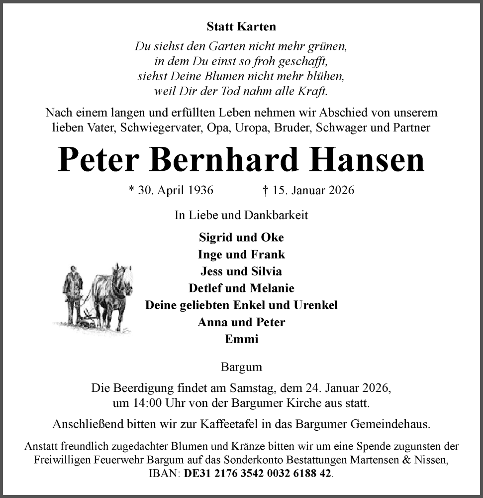  Traueranzeige für Peter Bernhard Hansen vom 21.01.2026 aus Husumer Nachrichten, Nordfriesland Tageblatt