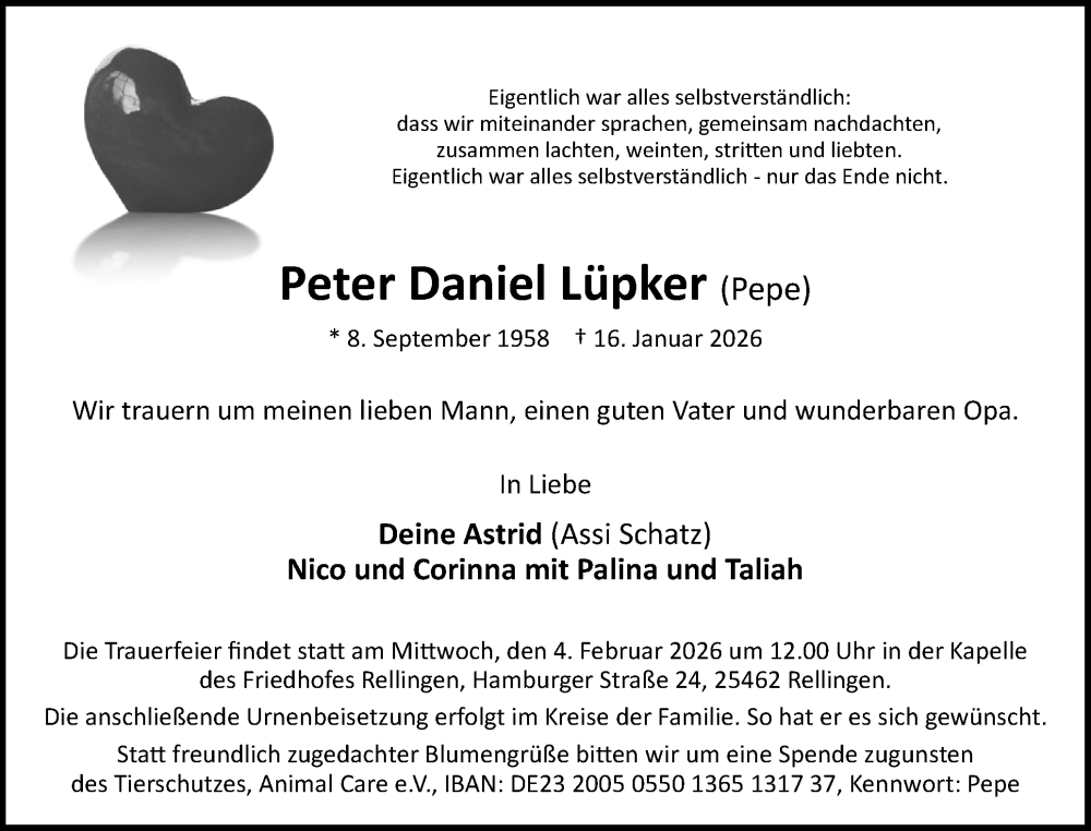  Traueranzeige für Peter Daniel Lüpker vom 31.01.2026 aus Region Pinneberg und tip Pinneberg