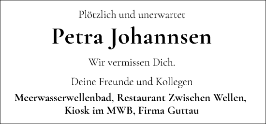 Traueranzeige von Petra Johannsen von Eckernförder Zeitung, Hallo Eckernförde