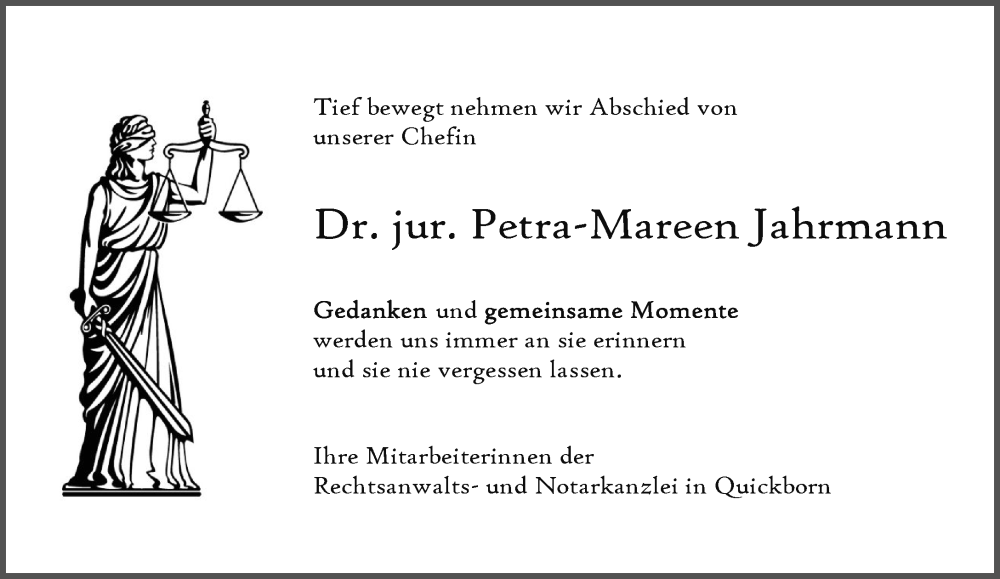  Traueranzeige für Petra-Mareen Jahrmann vom 17.01.2026 aus Umschau