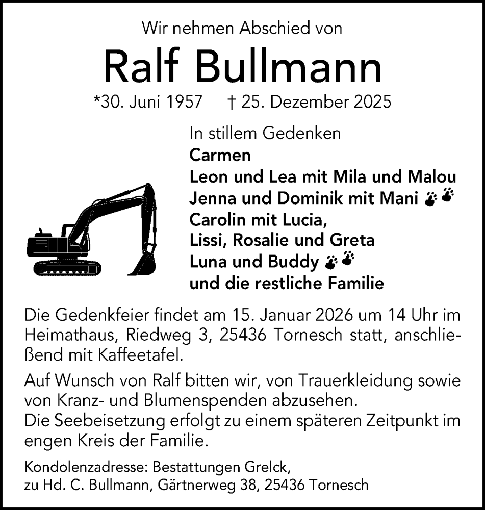  Traueranzeige für Ralf Bullmann vom 10.01.2026 aus Uetersener Nachrichten, Der tip am Wochenende