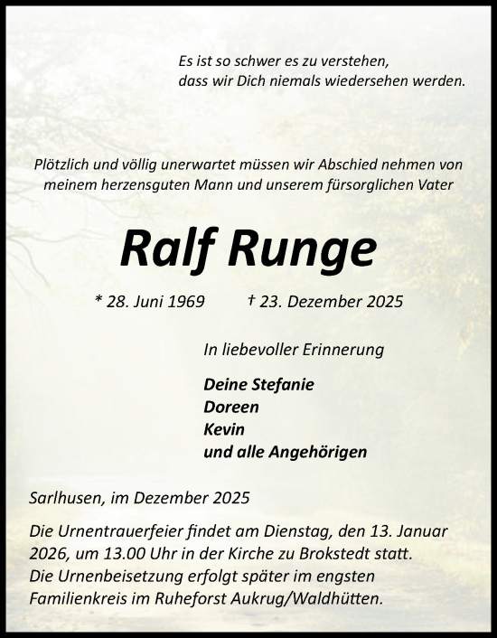 Traueranzeige von Ralf Runge von Norddeutsche Rundschau, Wilstersche Zeitung, Glückstädter Fortuna