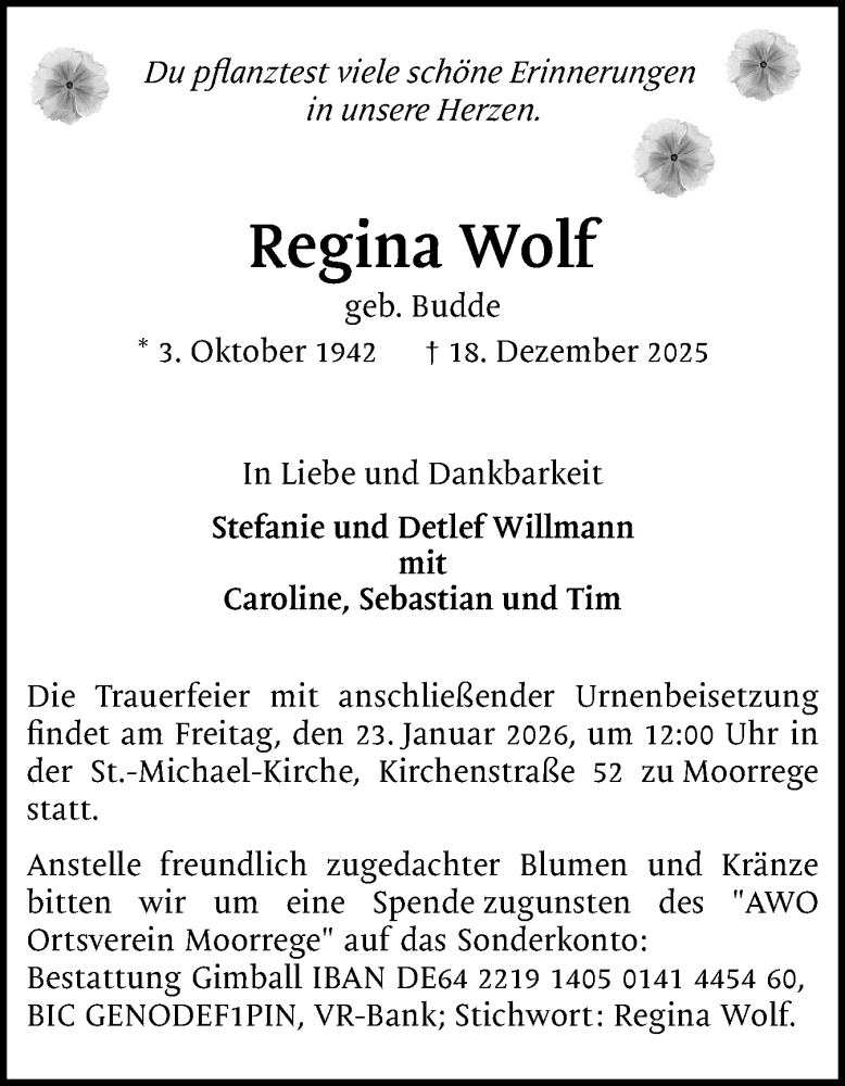  Traueranzeige für Regina Wolf vom 10.01.2026 aus Uetersener Nachrichten, Der tip am Wochenende