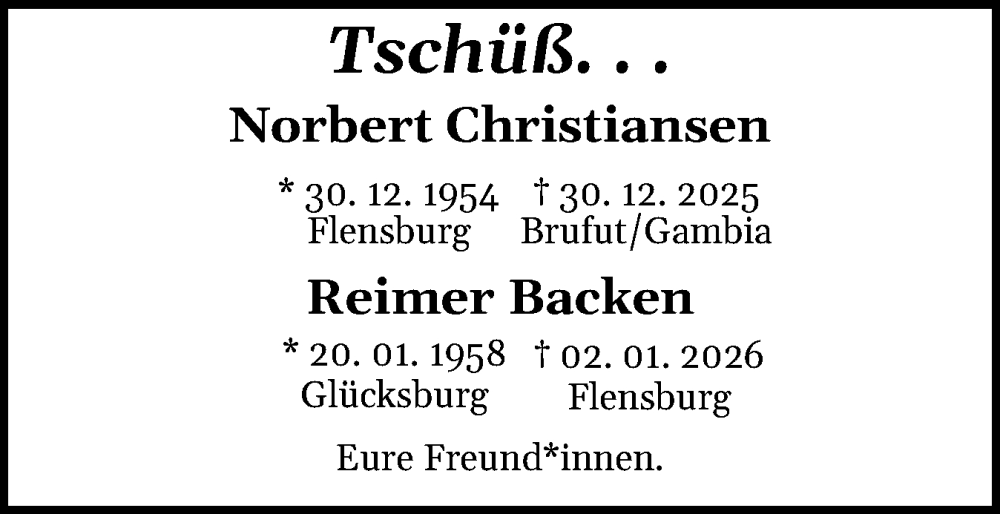  Traueranzeige für Reimer Backen vom 14.01.2026 aus Flensburger Tageblatt