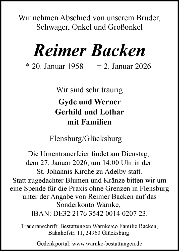  Traueranzeige für Reimer Backen vom 10.01.2026 aus Flensburger Tageblatt