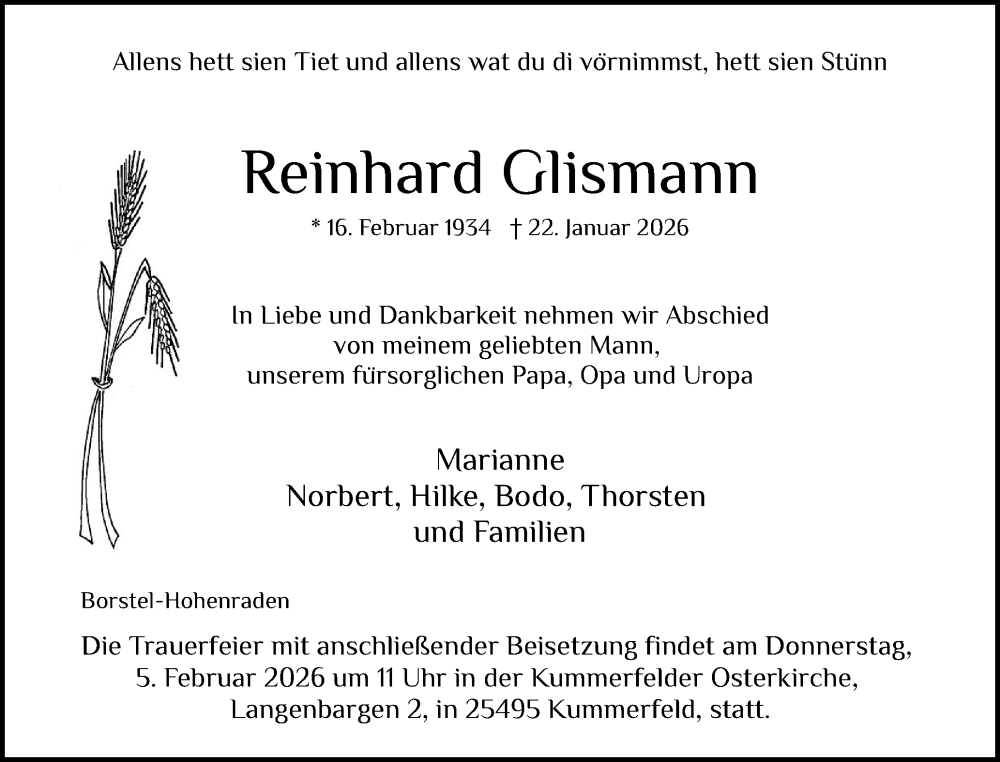  Traueranzeige für Reinhard Glismann vom 31.01.2026 aus Region Pinneberg und tip Pinneberg