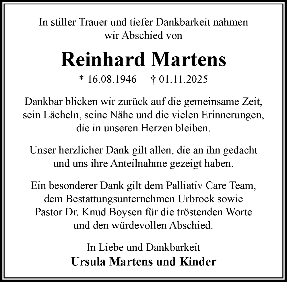  Traueranzeige für Reinhard Martens vom 17.01.2026 aus MARKT Ratzeburg/Mölln