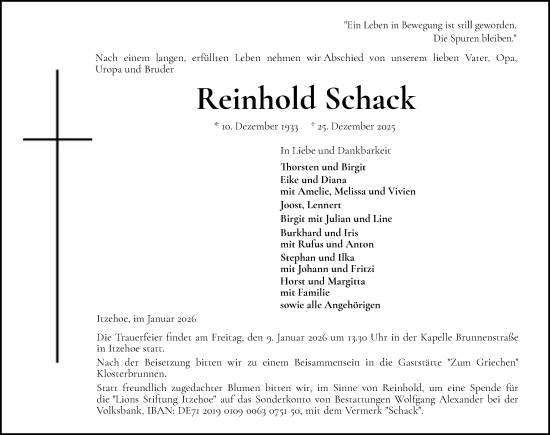 Traueranzeige von Reinhold Schack von Norddeutsche Rundschau, Wilstersche Zeitung, Glückstädter Fortuna