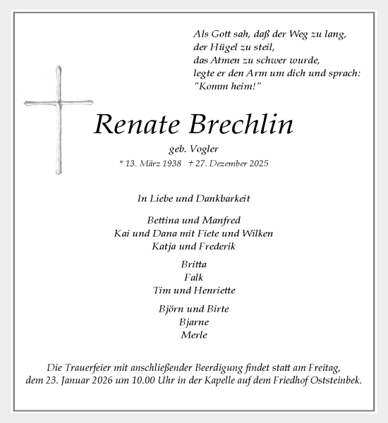 Traueranzeige von Renate Brechlin von MARKT Glinde/Reinfeld