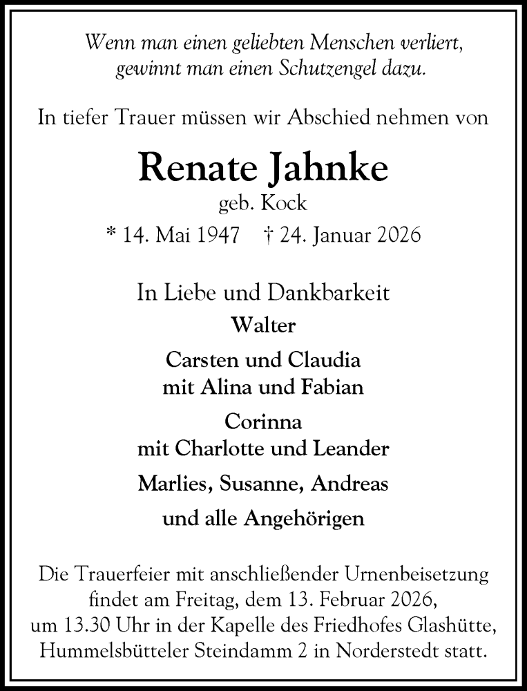  Traueranzeige für Renate Jahnke vom 31.01.2026 aus Heimatspiegel