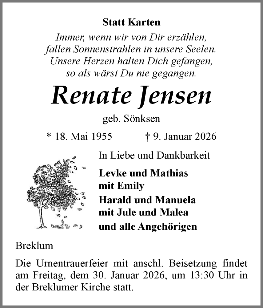  Traueranzeige für Renate Jensen vom 17.01.2026 aus Husumer Nachrichten, Nordfriesland Tageblatt