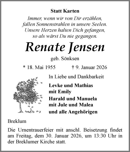 Traueranzeige von Renate Jensen von Husumer Nachrichten, Nordfriesland Tageblatt