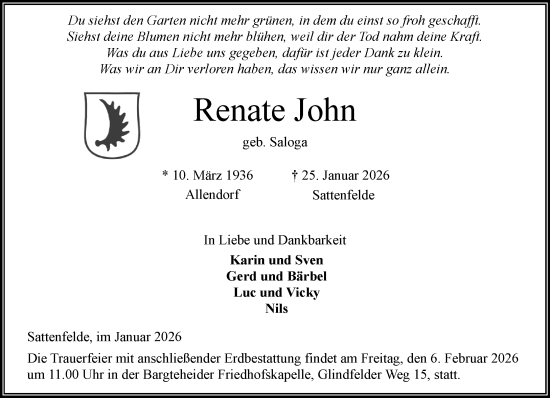 Traueranzeige von Renate John von MARKT Ahrensburg/Bargteheide/Trittau und Stormarner Tageblatt