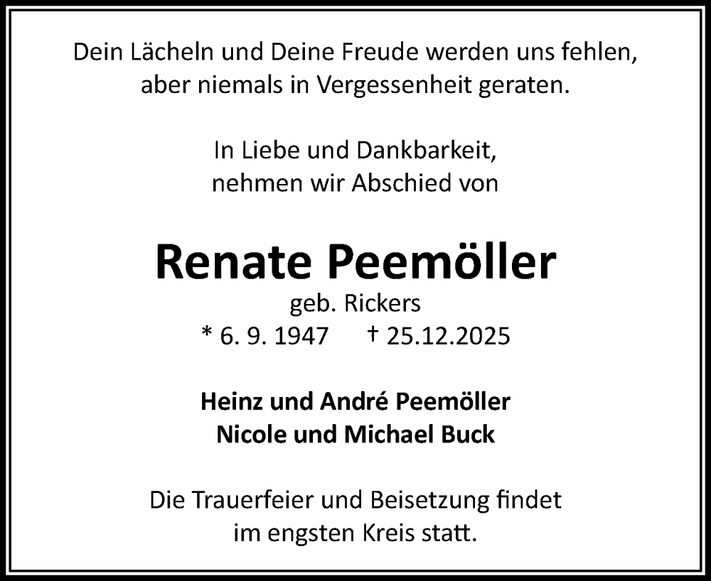  Traueranzeige für Renate Peemöller vom 10.01.2026 aus MARKT Ahrensburg/Bargteheide/Trittau und Stormarner Tageblatt
