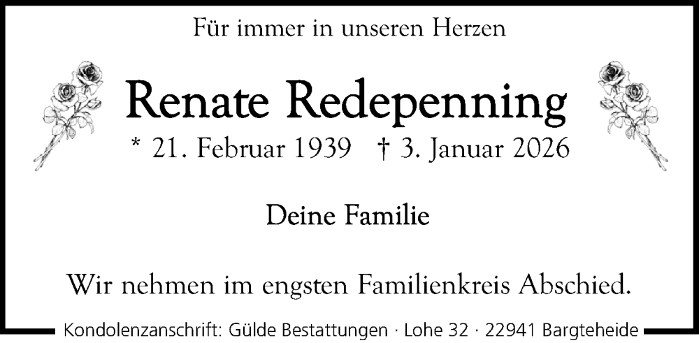  Traueranzeige für Renate Redepenning vom 10.01.2026 aus MARKT Ahrensburg/Bargteheide/Trittau und Stormarner Tageblatt
