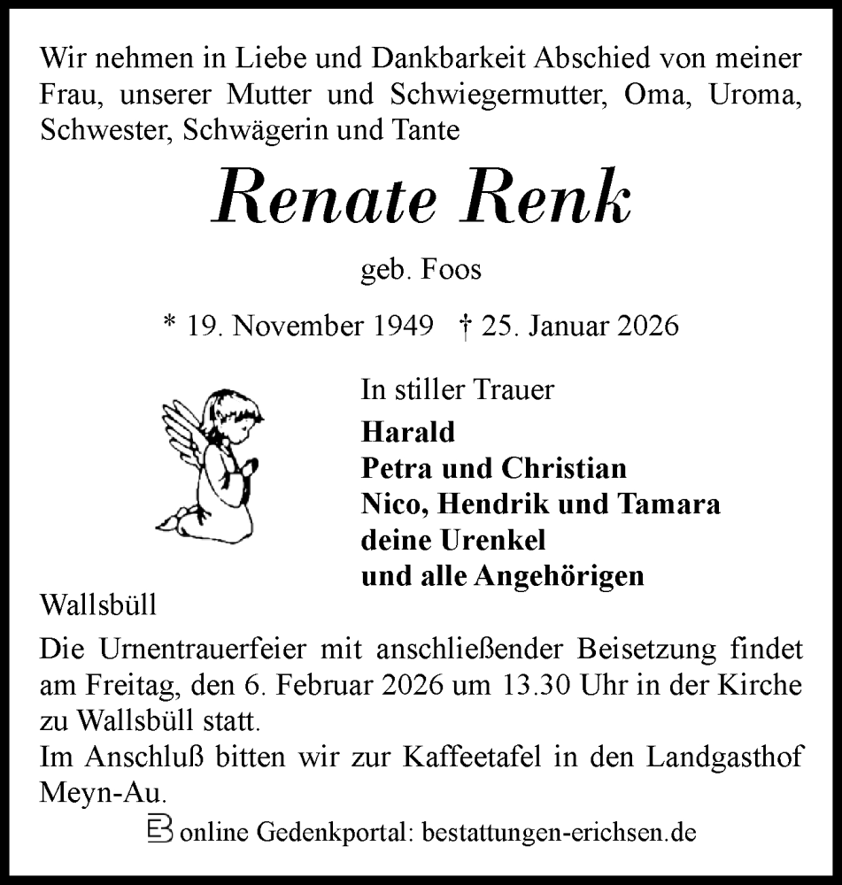  Traueranzeige für Renate Renk vom 31.01.2026 aus Flensburger Tageblatt