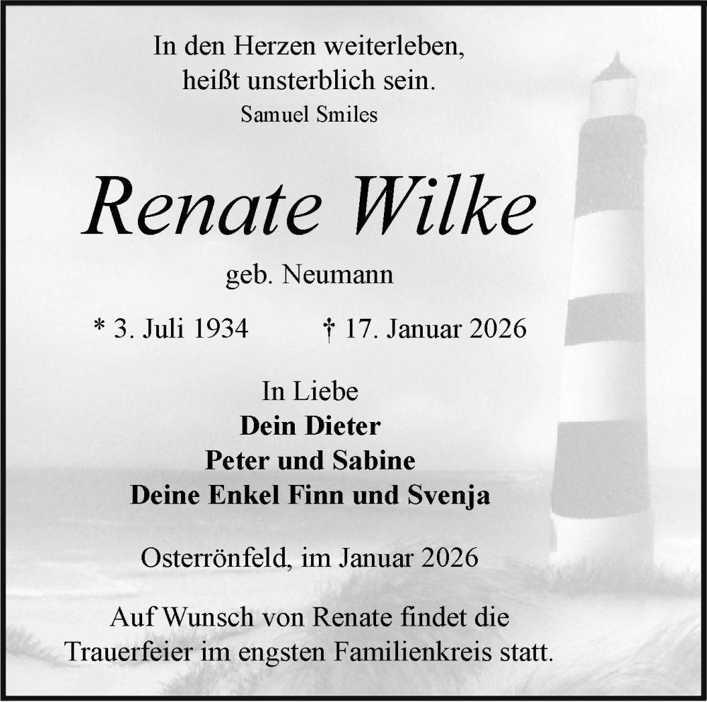  Traueranzeige für Renate Wilke vom 31.01.2026 aus Schleswig-Holsteinische Landeszeitung
