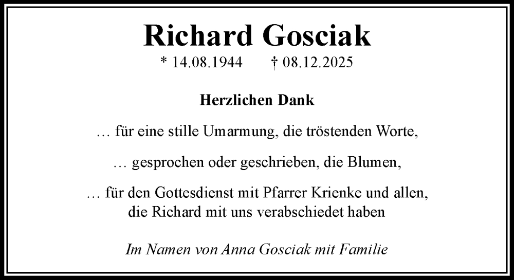  Traueranzeige für Richard Gosciak vom 03.01.2026 aus MARKT Ratzeburg/Mölln