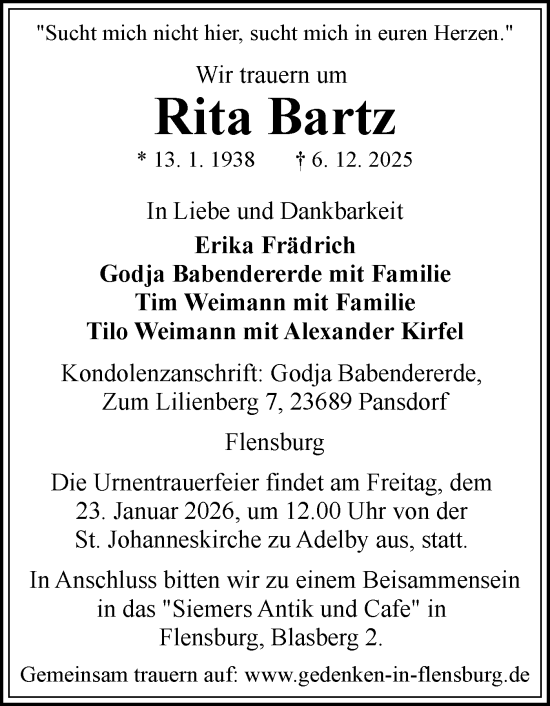 Traueranzeige von Rita Bartz von Flensburger Tageblatt