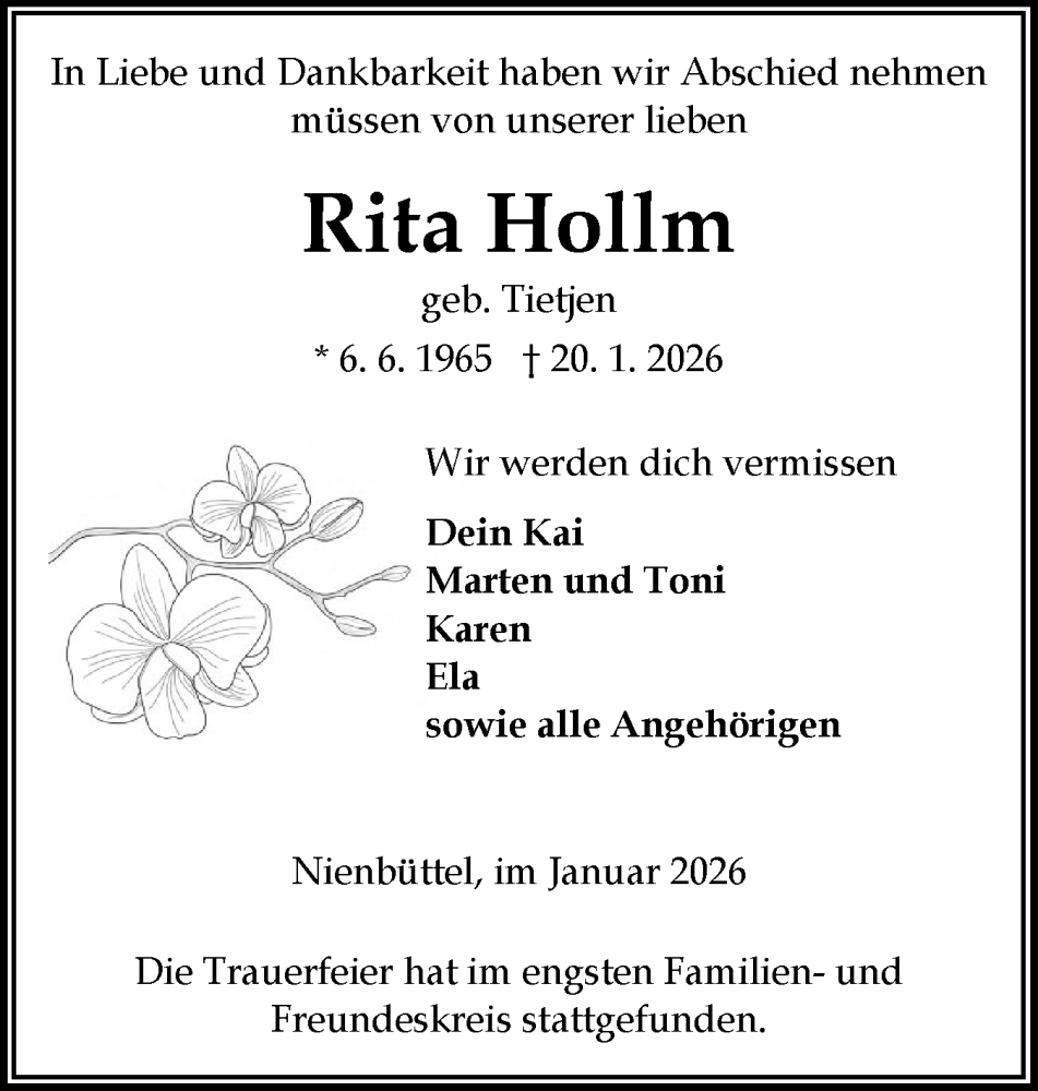  Traueranzeige für Rita Hollm vom 31.01.2026 aus Norddeutsche Rundschau, Wilstersche Zeitung, Glückstädter Fortuna