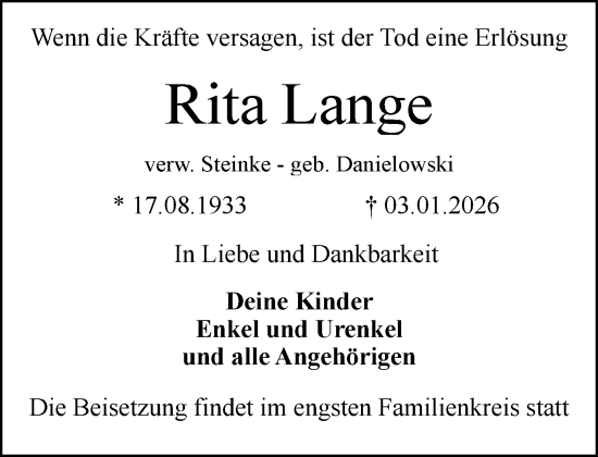 Traueranzeige von Rita Lange von MARKT Ratzeburg/Mölln