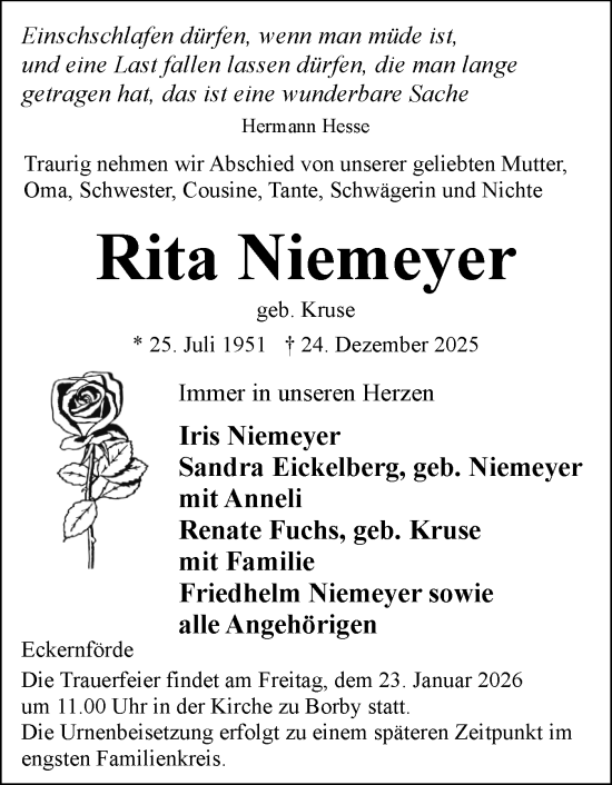 Traueranzeige von Rita Niemeyer von Eckernförder Zeitung, Hallo Eckernförde