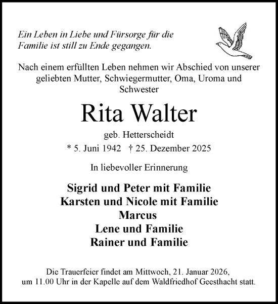 Traueranzeige von Rita Walter von Wochenend Anzeiger