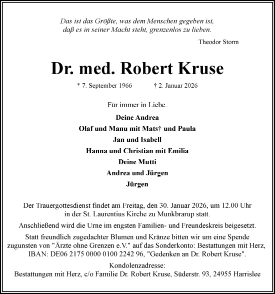 Traueranzeige von Robert Kruse von Flensburger Tageblatt