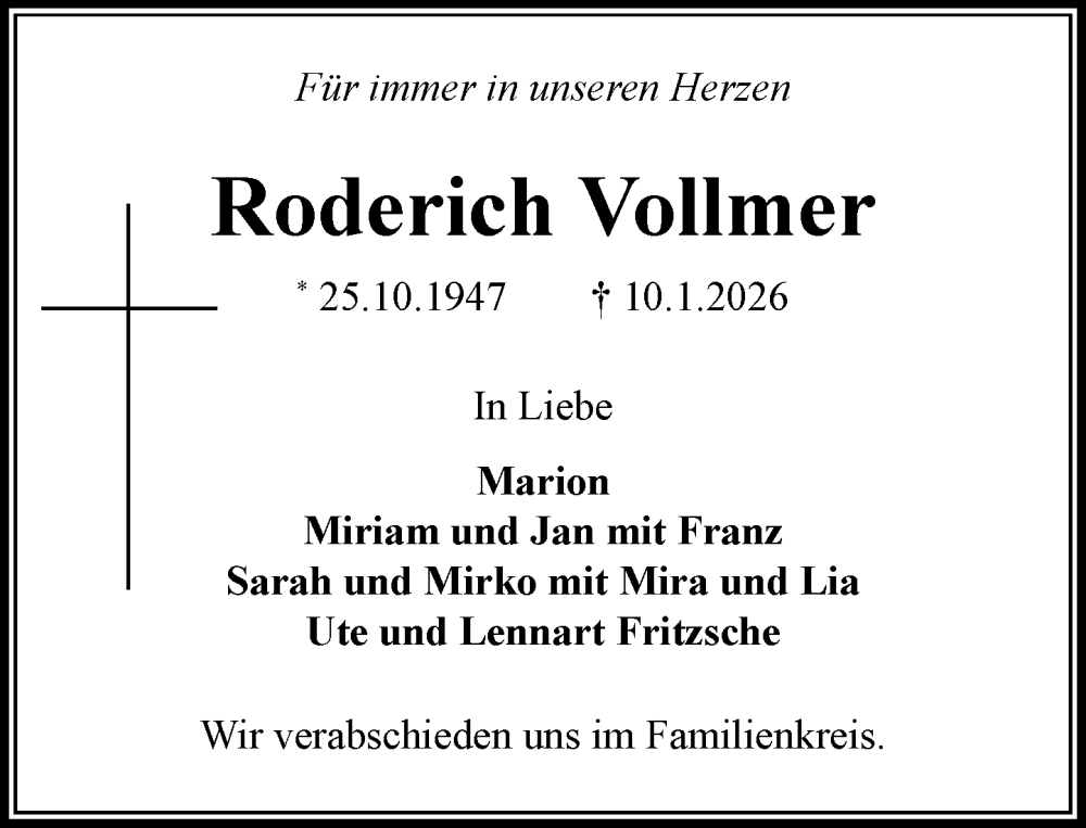  Traueranzeige für Roderich Vollmer vom 17.01.2026 aus MARKT Ratzeburg/Mölln