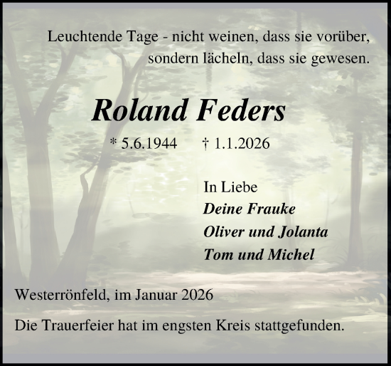 Traueranzeige von Roland Feders von Schleswig-Holsteinische Landeszeitung