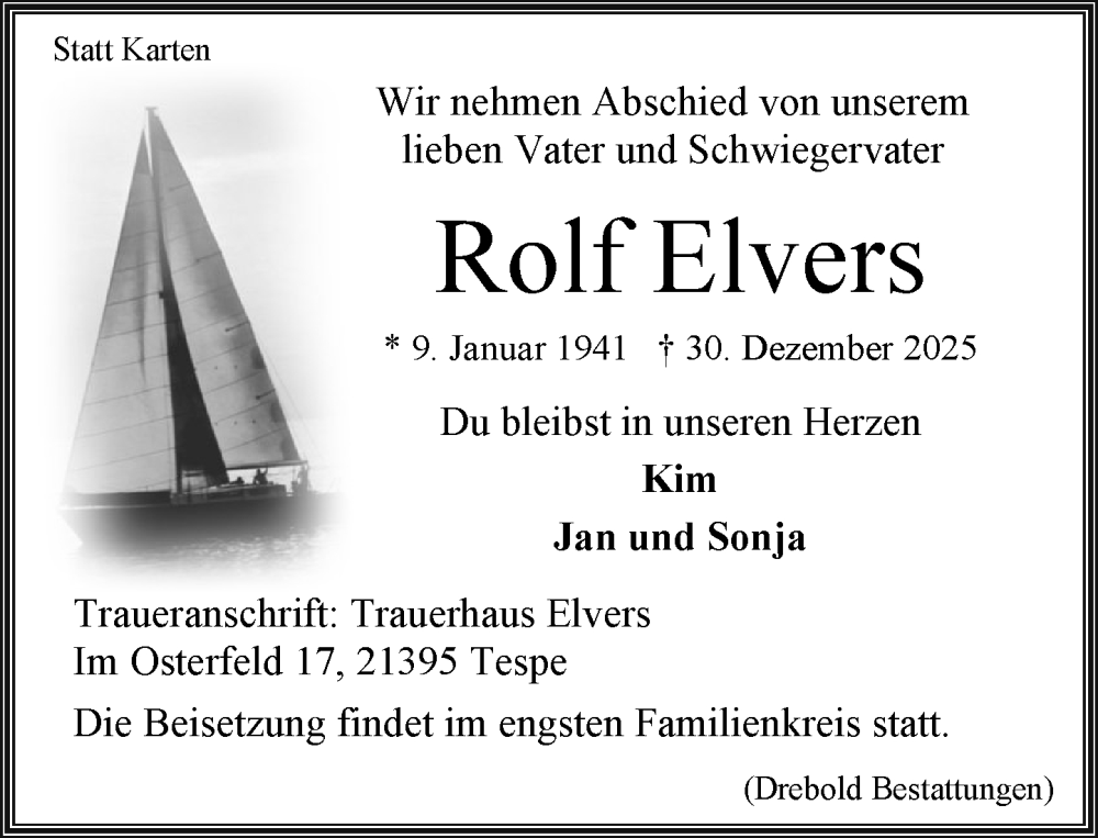  Traueranzeige für Rolf Elvers vom 10.01.2026 aus Wochenend Anzeiger