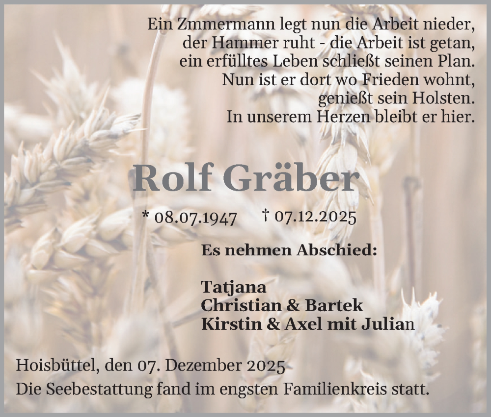  Traueranzeige für Rolf Gräber vom 16.01.2026 aus Stormarner Tageblatt