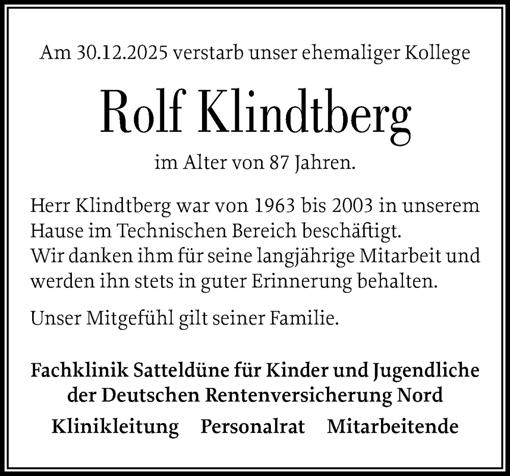  Traueranzeige für Rolf Klindtberg vom 10.01.2026 aus Der Insel-Bote