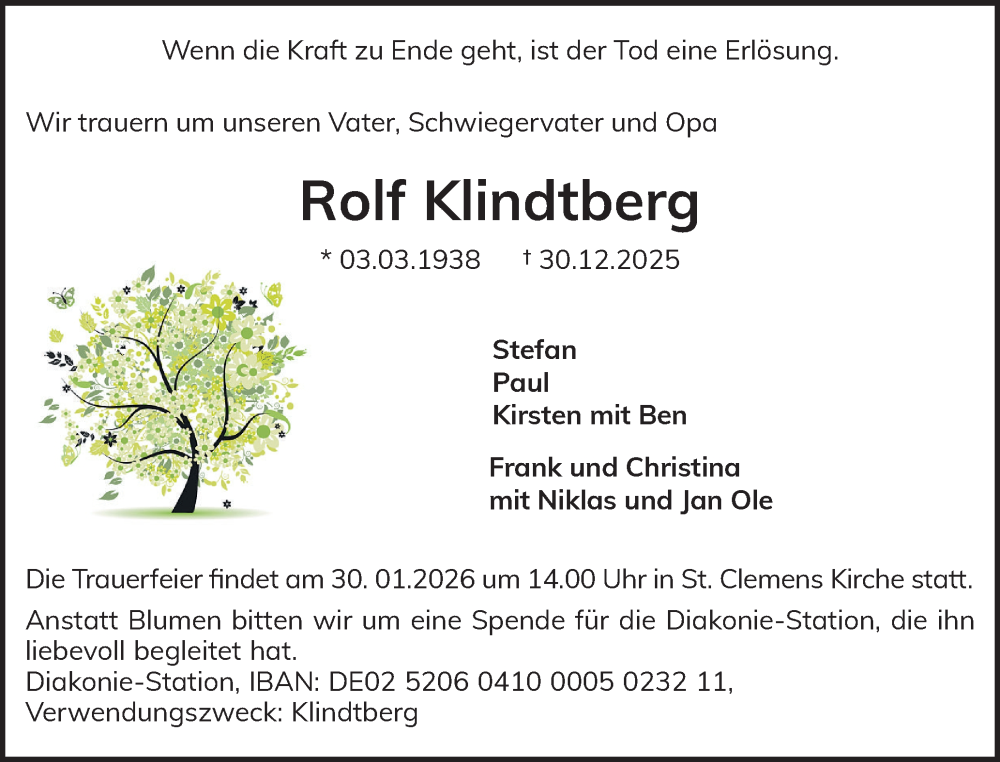  Traueranzeige für Rolf Klindtberg vom 07.01.2026 aus Der Insel-Bote