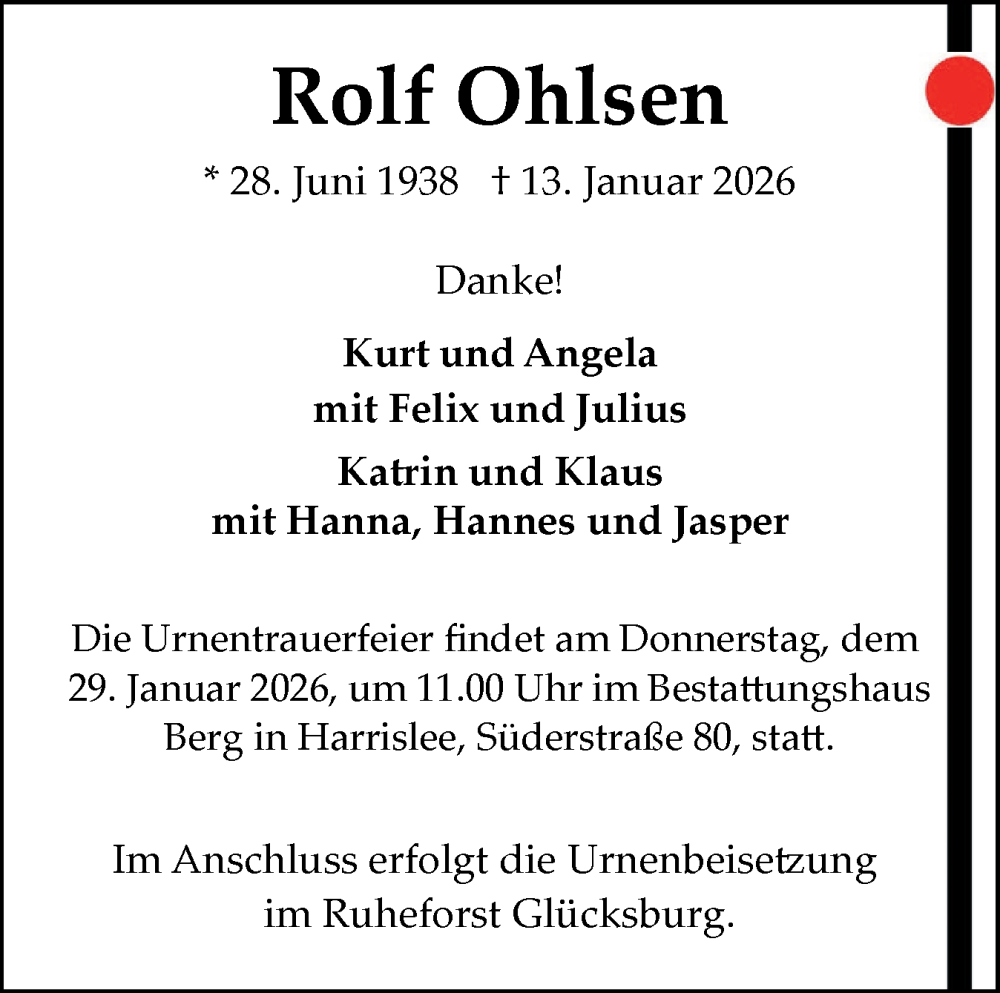  Traueranzeige für Rolf Ohlsen vom 17.01.2026 aus Flensburger Tageblatt