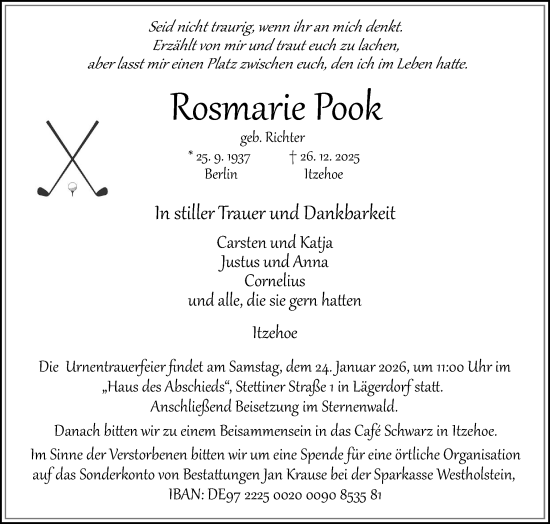 Traueranzeige von Rosmarie Pook von Norddeutsche Rundschau, Wilstersche Zeitung, Glückstädter Fortuna