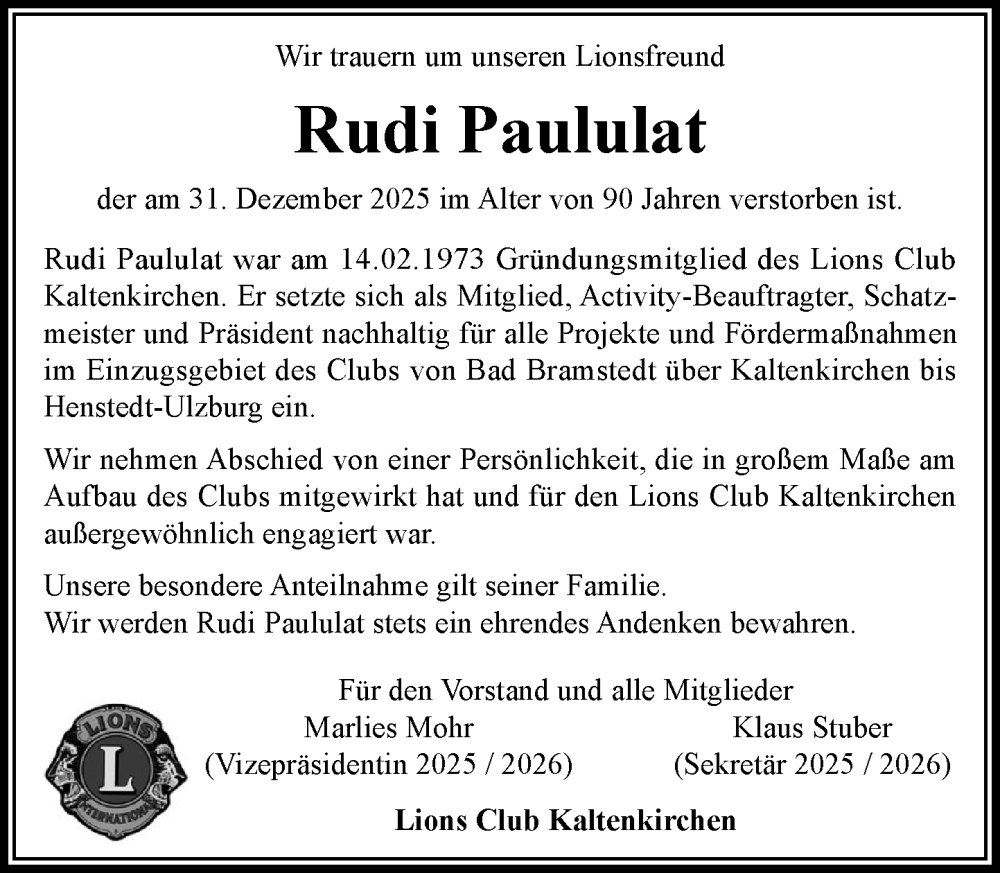  Traueranzeige für Rudi Paululat vom 17.01.2026 aus Umschau