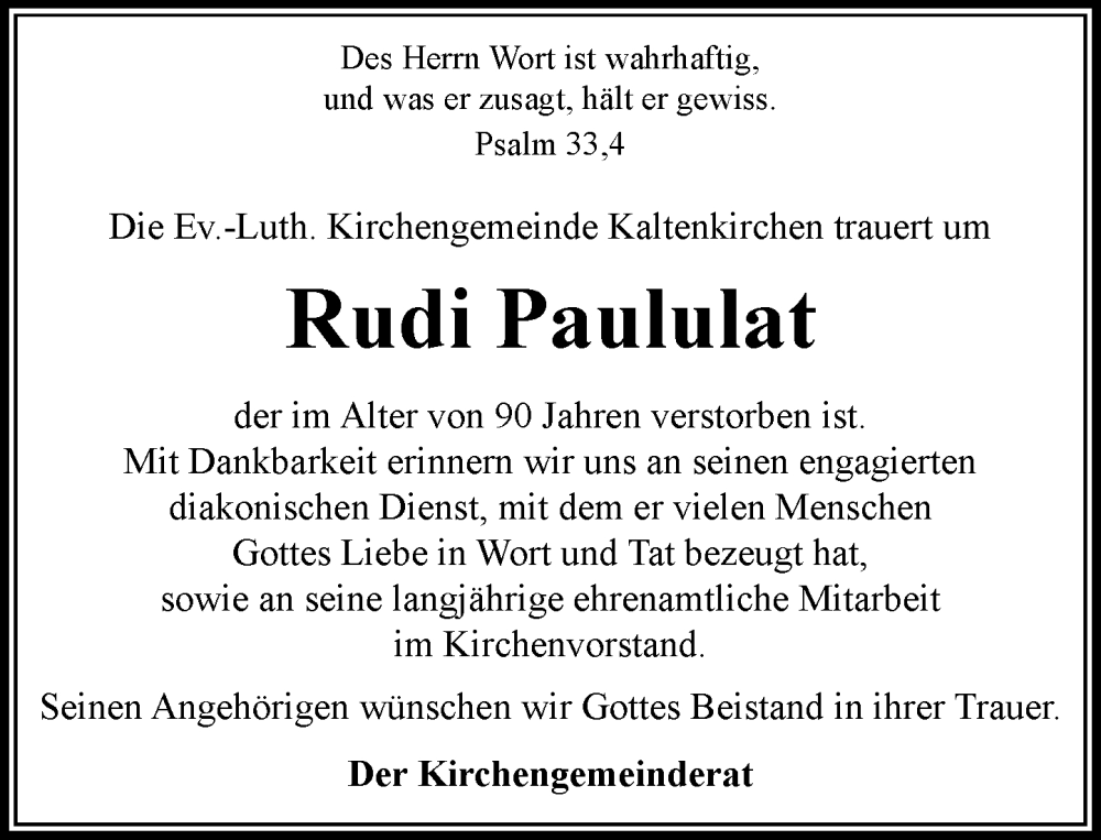  Traueranzeige für Rudi Paululat vom 17.01.2026 aus Umschau