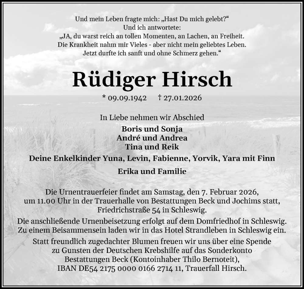  Traueranzeige für Rüdiger Hirsch vom 31.01.2026 aus Schleswiger Nachrichten, Schlei-Bote