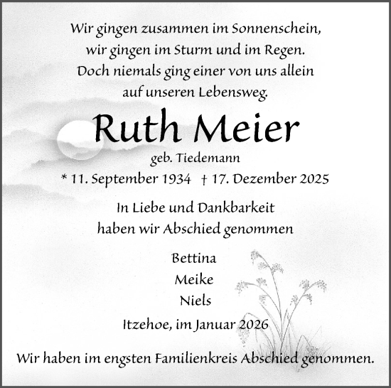 Traueranzeige von Ruth Meier von Norddeutsche Rundschau, Wilstersche Zeitung, Glückstädter Fortuna