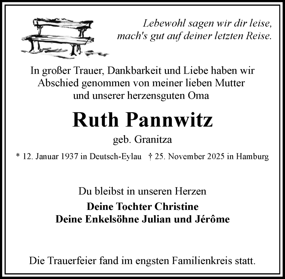  Traueranzeige für Ruth Pannwitz vom 17.01.2026 aus Wochenend Anzeiger