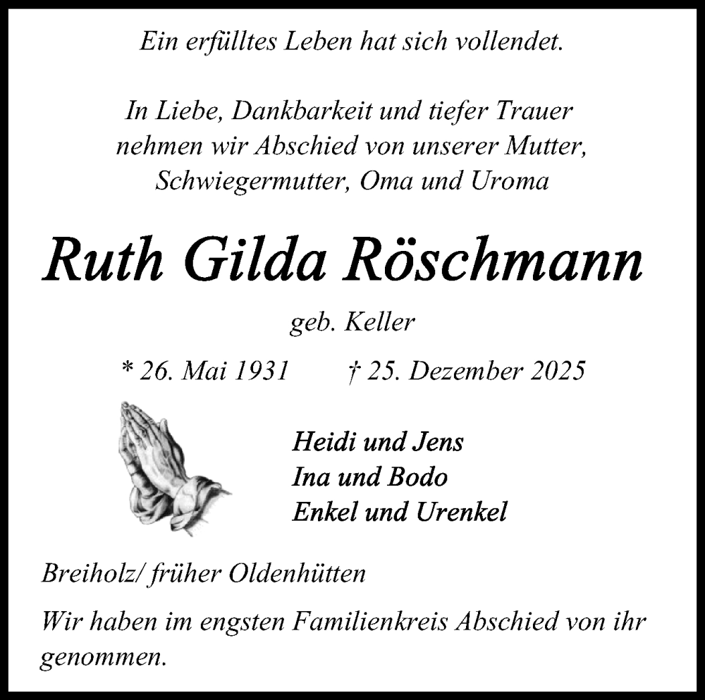  Traueranzeige für Ruth Gilda Röschmann vom 17.01.2026 aus Schleswig-Holsteinische Landeszeitung