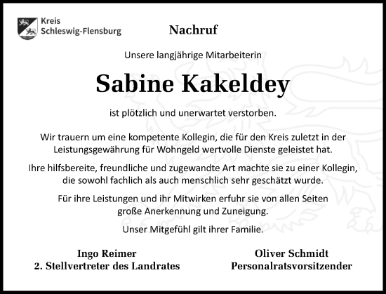 Traueranzeige von Sabine Kakeldey von Husumer Nachrichten, Nordfriesland Tageblatt