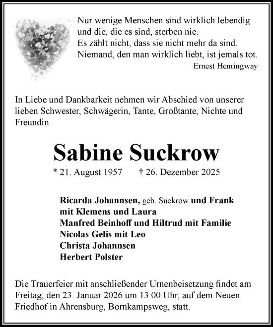 Traueranzeige von Sabine Suckrow von MARKT Ahrensburg/Bargteheide/Trittau und Stormarner Tageblatt