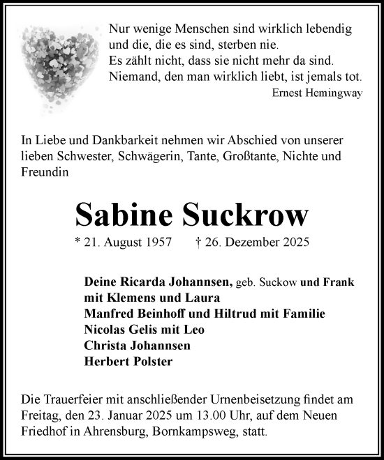 Traueranzeige von Sabine Suckrow von MARKT Ahrensburg/Bargteheide/Trittau und Stormarner Tageblatt