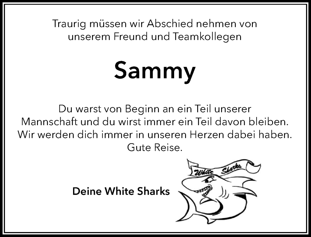  Traueranzeige für Sammy  vom 10.01.2026 aus MARKT Ahrensburg/Bargteheide/Trittau und Stormarner Tageblatt