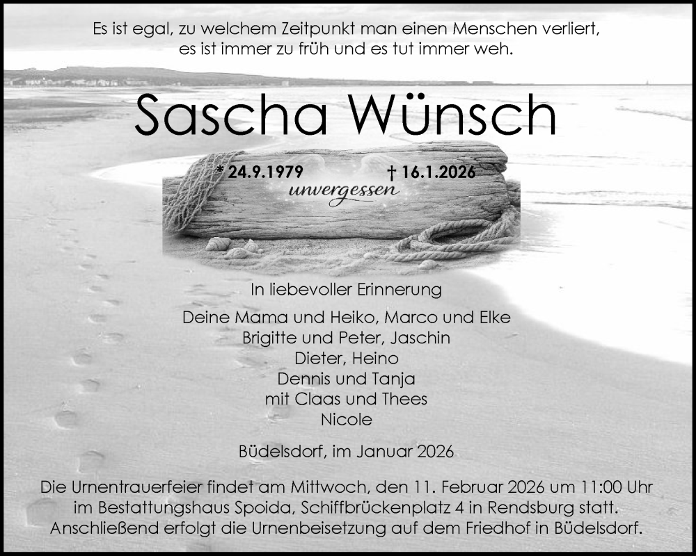  Traueranzeige für Sascha Wünsch vom 31.01.2026 aus Schleswig-Holsteinische Landeszeitung