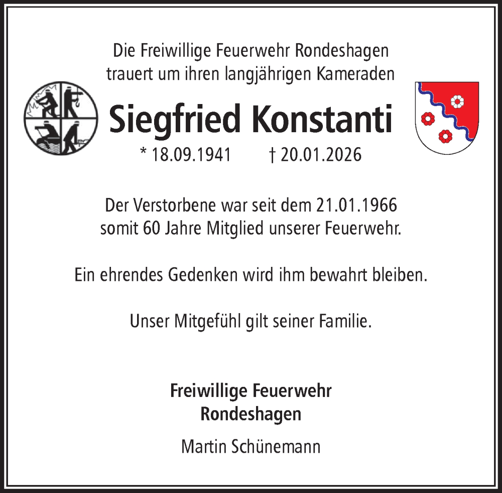  Traueranzeige für Siegfried Konstanti vom 31.01.2026 aus MARKT Ratzeburg/Mölln